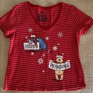 Disney woman’s large Red Striped Pooh and Eeyore Holiday Tee
